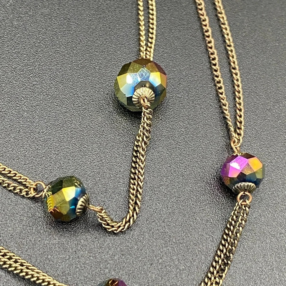 Dainty Aurora Borealis Stationary Glass Beaded Necklace - Picture 4 of 11